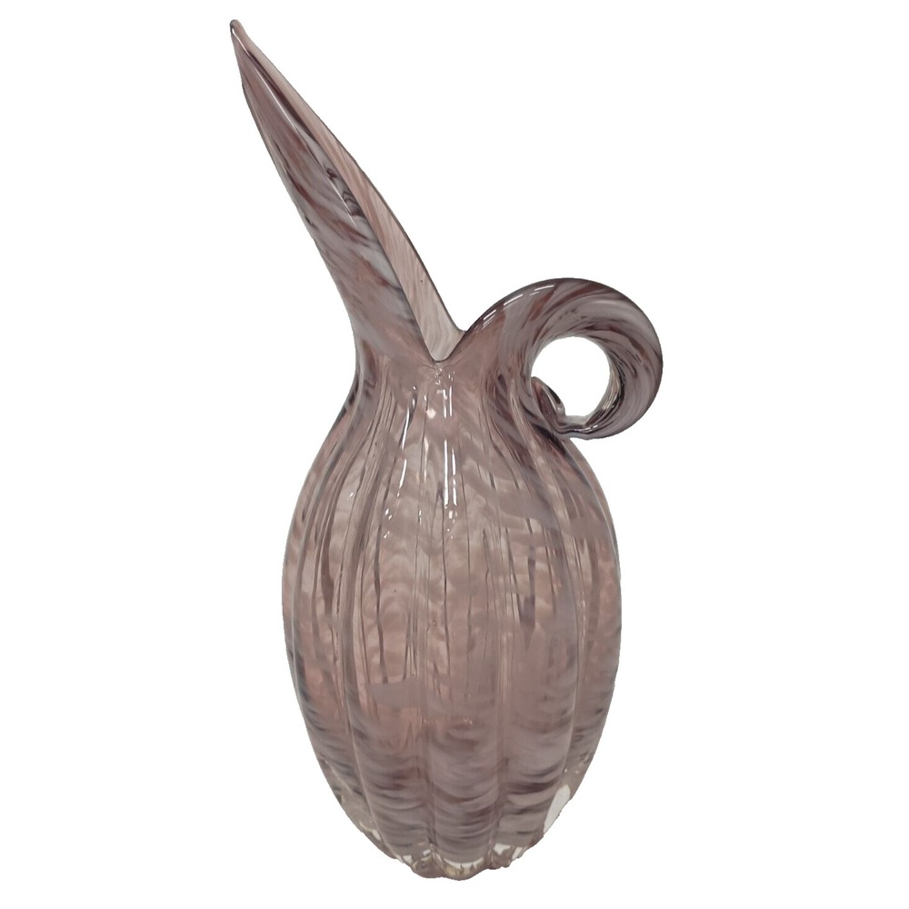 VTG Lefton Hand Blown Art Glass Vase Lavender White Swirl Pitcher Shaped Japan